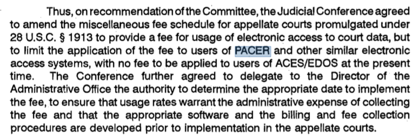 Screenshot of PACER fee changes